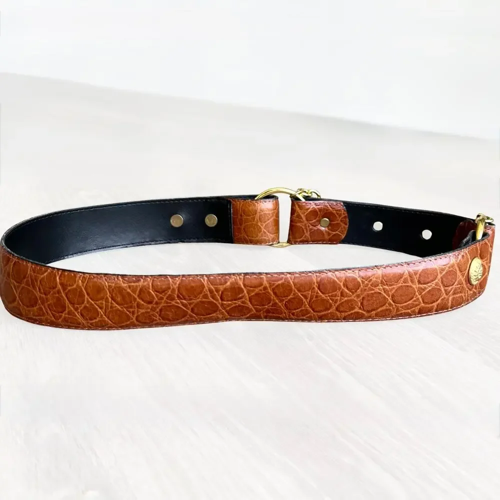 Vintage Sandy Duftler Croc Leather Chain Concho Belt Brown Brass Size AS IS